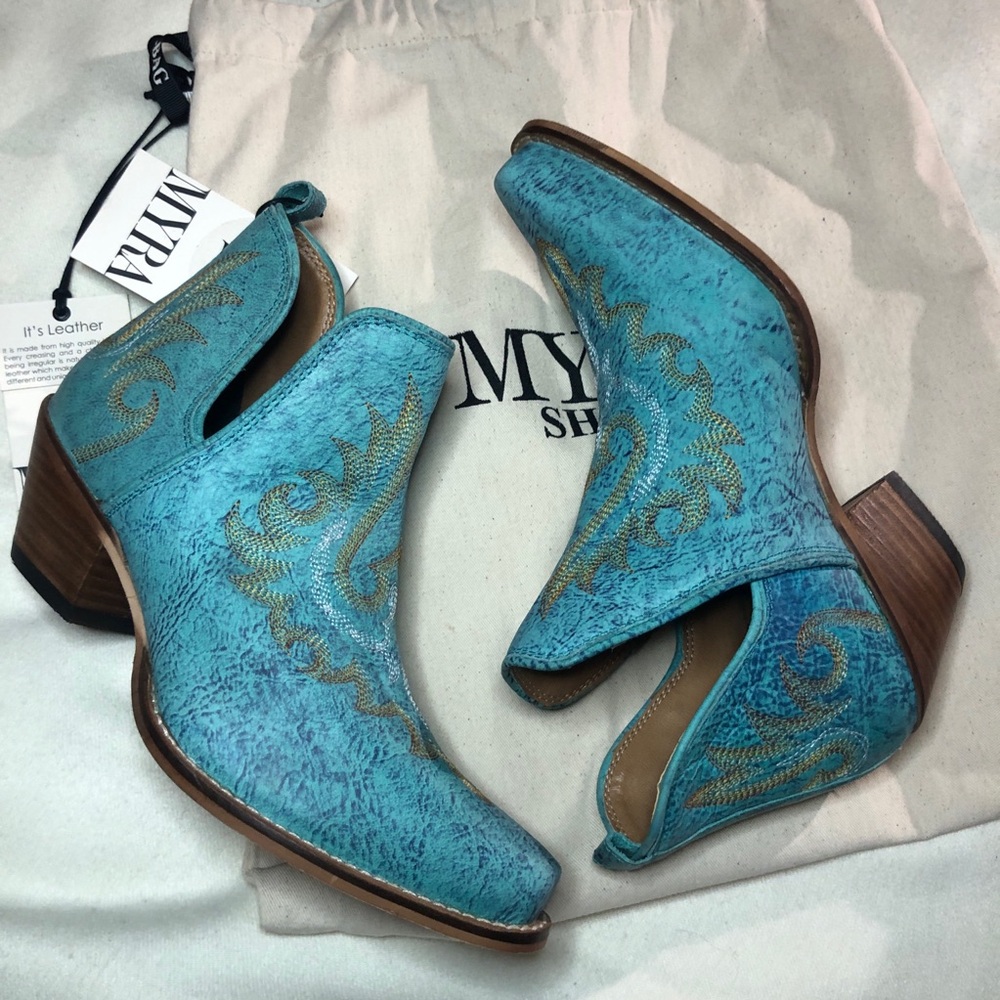 Myra Turquoise Ankle Booties with Gold Accents. Run Large - Picture 5 of 16